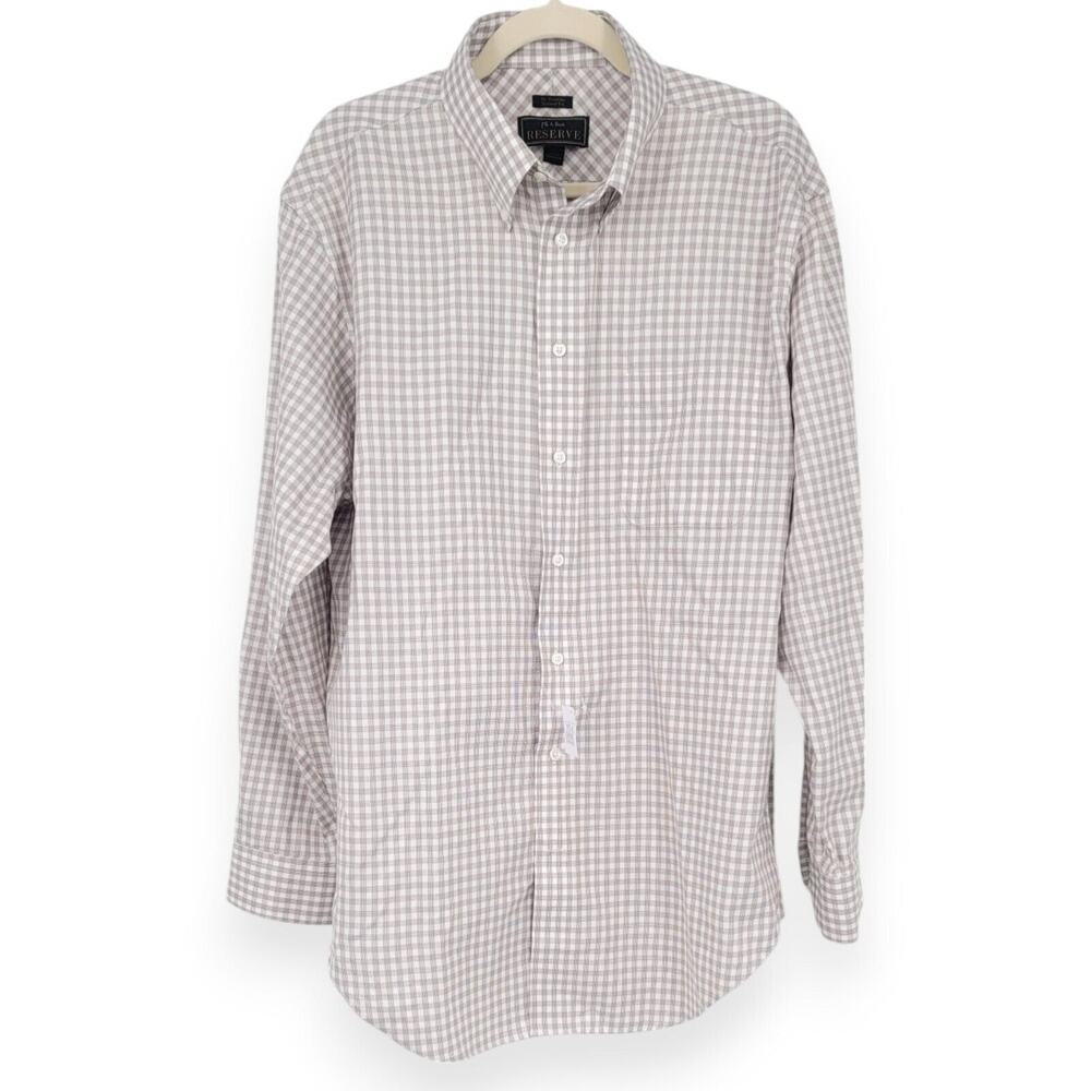 NWOT JOS A. BANK Reserve Mens Dress Shirt Tailored Fit No Iron Brown Plaid 17 35